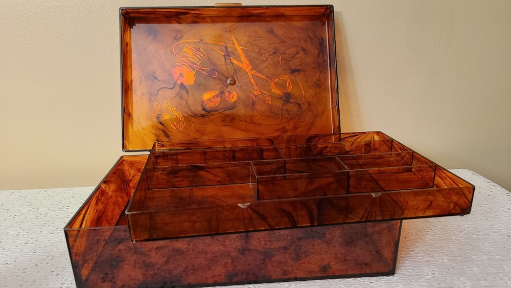 Vintage Lucite Tortoise Shell Sewing Box Embedded Notions Scissors Spools Button