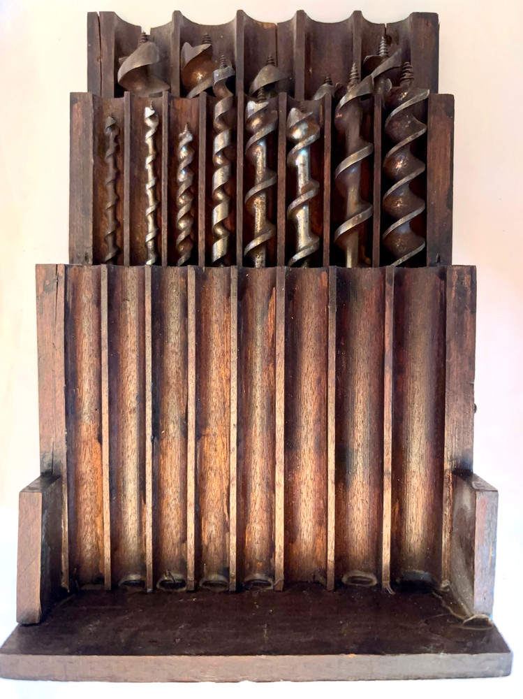 ASSORTED ANTIQUE AUGER BITS Wood Case Vintage Tools Hand Drill Bits