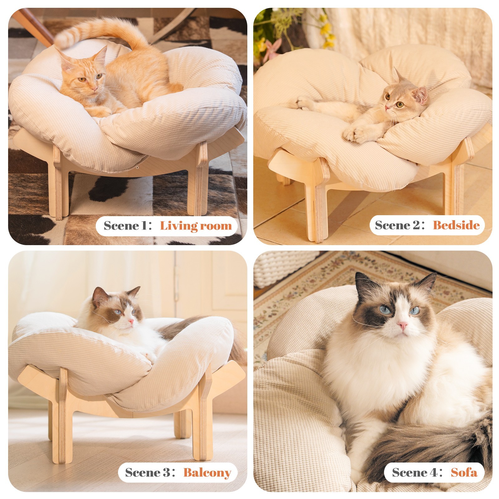 Elevated Cat Bed with Cushion, Wooden Cat Couch Sofa for Indoor