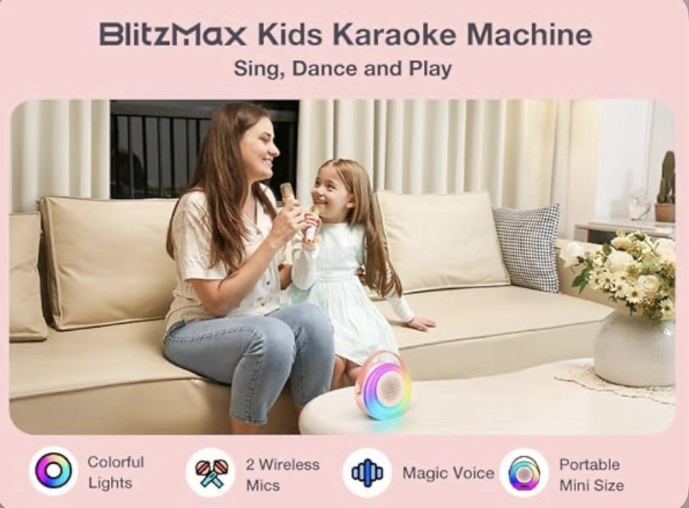 Mini Karaoke Machine for Kids, 2 Wireless Mics, Bluetooth