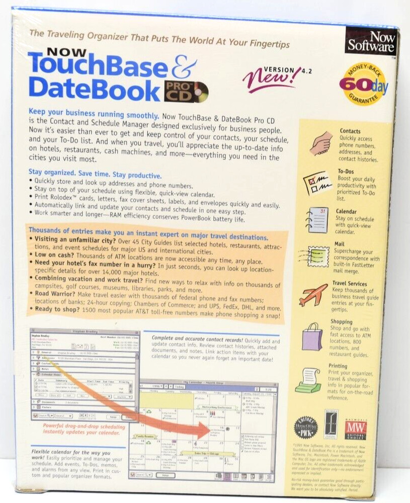 Now Software Touchbase & Datebook Version 4.2 CD-ROM 1995 Macintosh New Sealed