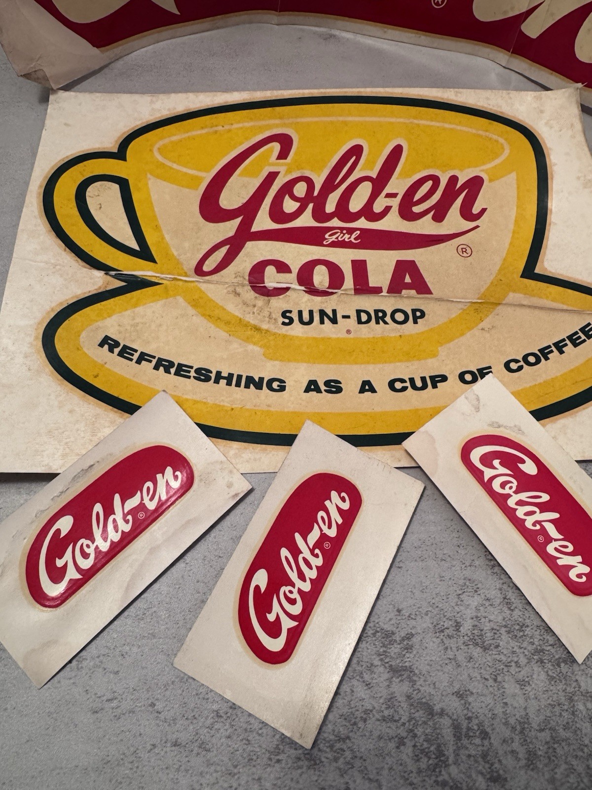 Original Sun drop, Gold-en Cola Advertisement Lot Decal Retail Stickers