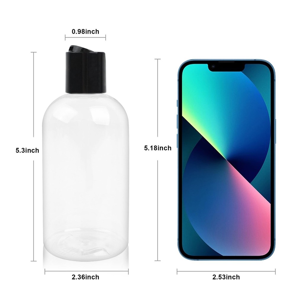 6 Pack 8 oz Empty Plastic Bottles with Black Disc Caps Reusable Clear Leak-Pr...