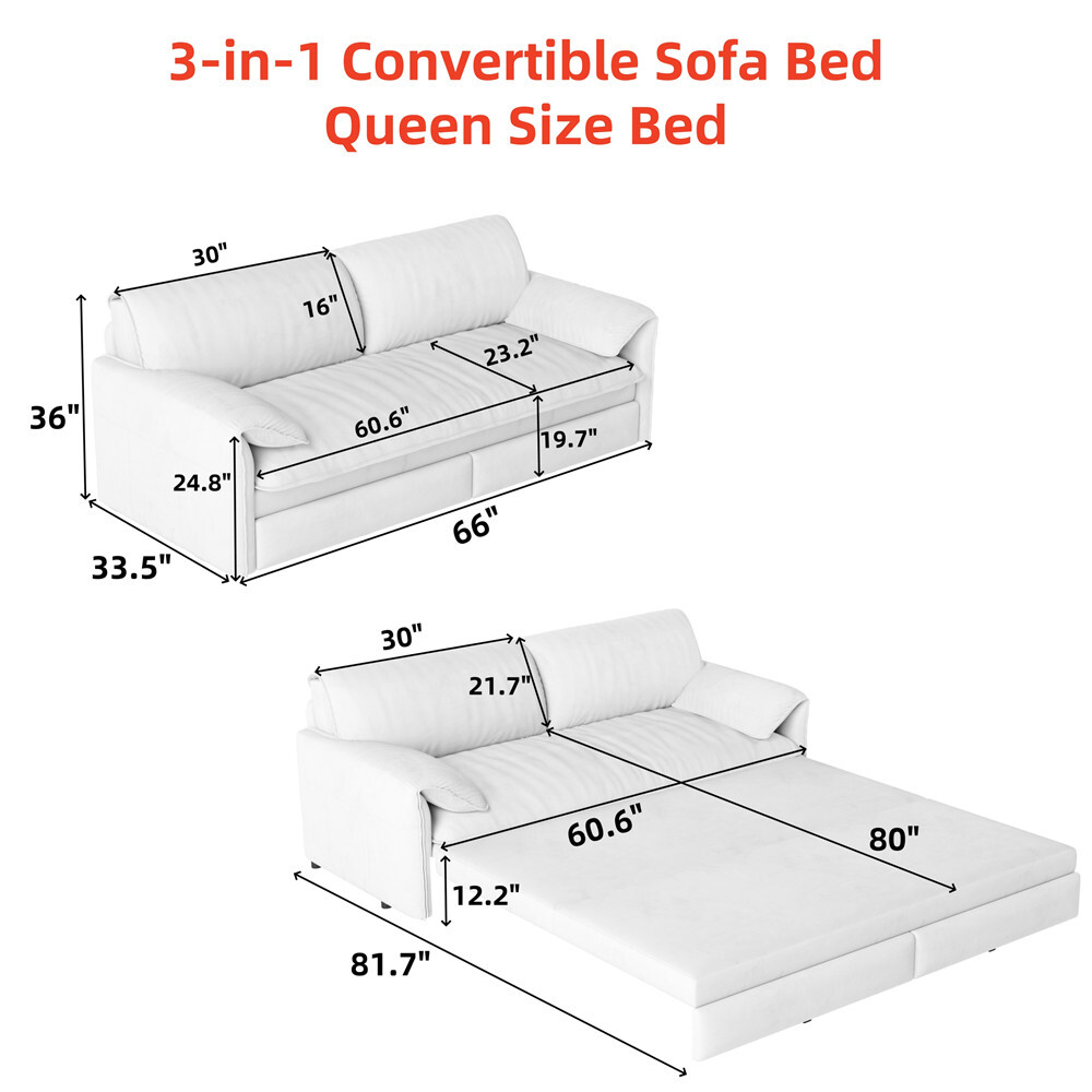 Convertible Sleeper Sofa w/Pull Out Bed, Upholstered Queen Size Sofa Couch Bed