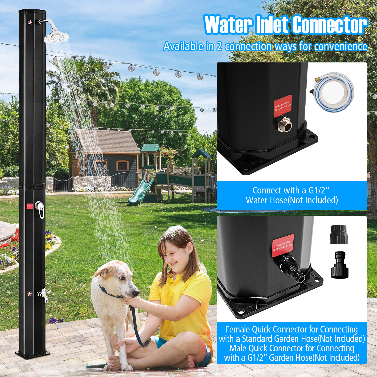 9.3 Gallon Outdoor Solar Heating Shower 7.2Ft Adjustable Shower Head W/Base