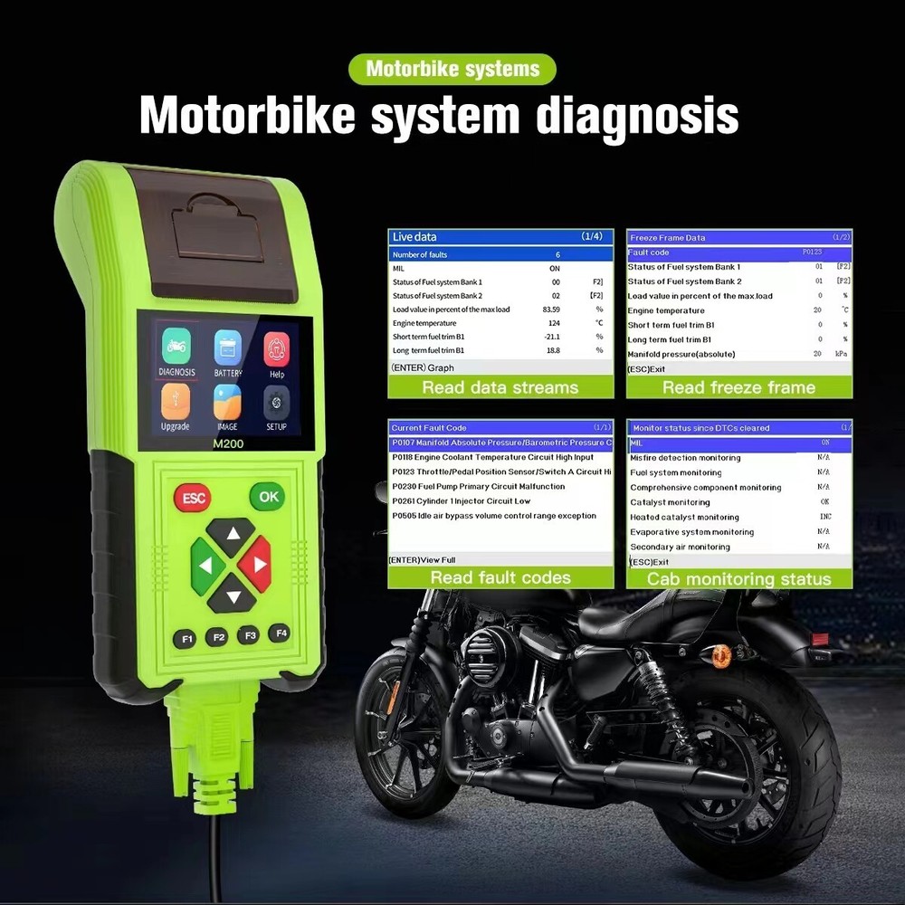 TopDiag M200 OBD Motorcycle Diagnostic Scanner Battery Tester Moto Code Reader