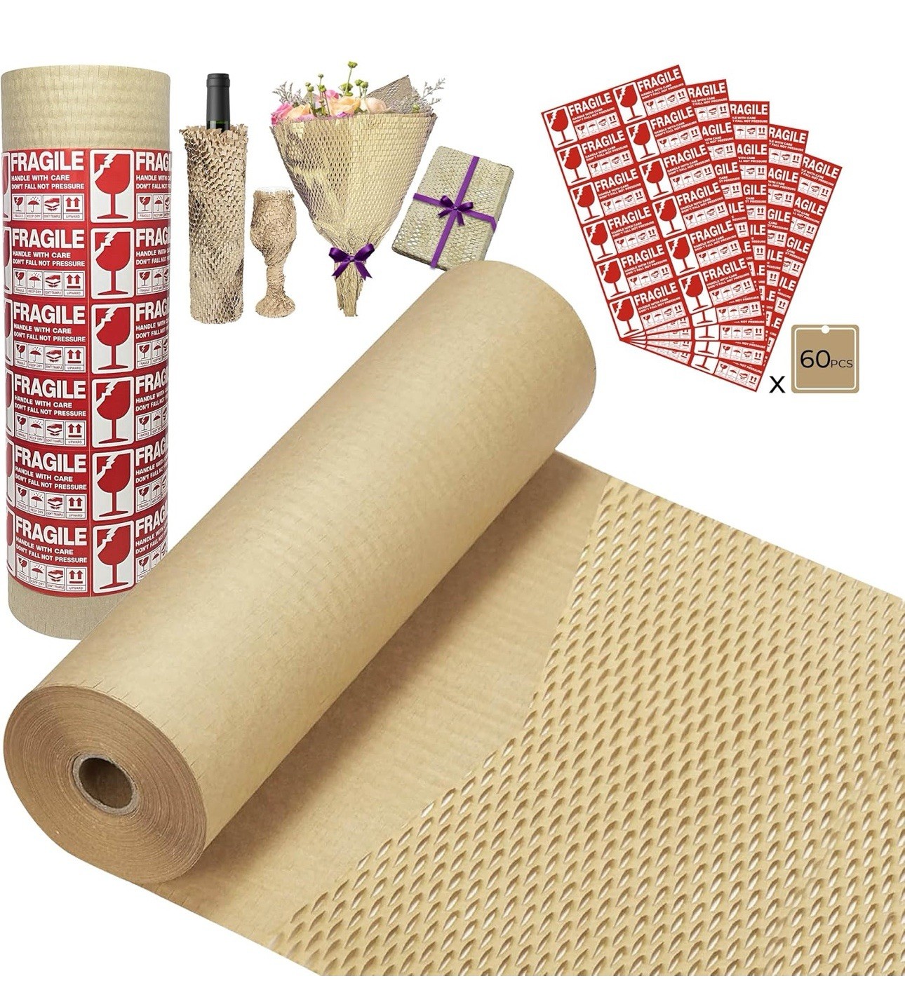Packing Paper Shipping Supplies 15” x 250’ w/ 60 Fragile Stickers Honeycomb Cut