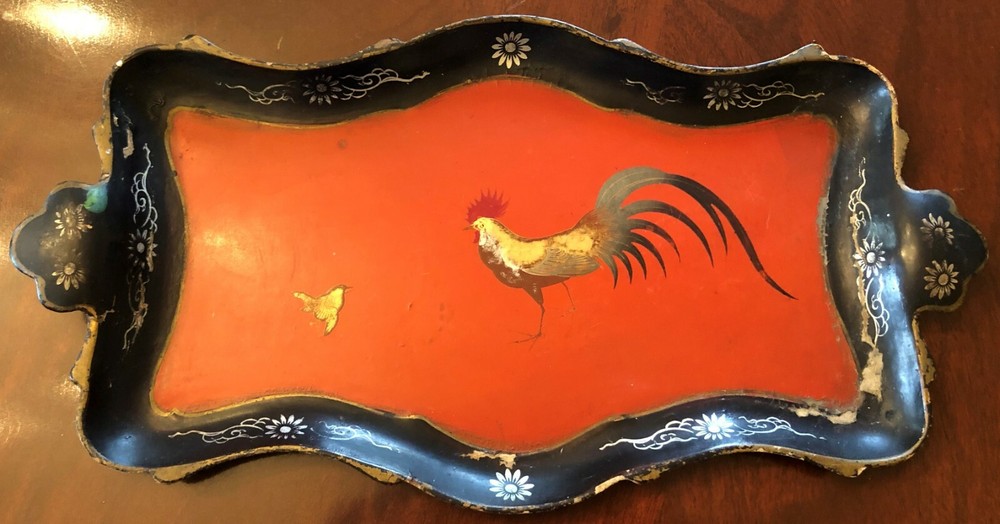 Antique Japanese Laquerware Rectangular Tray With Hand Painted Rooster