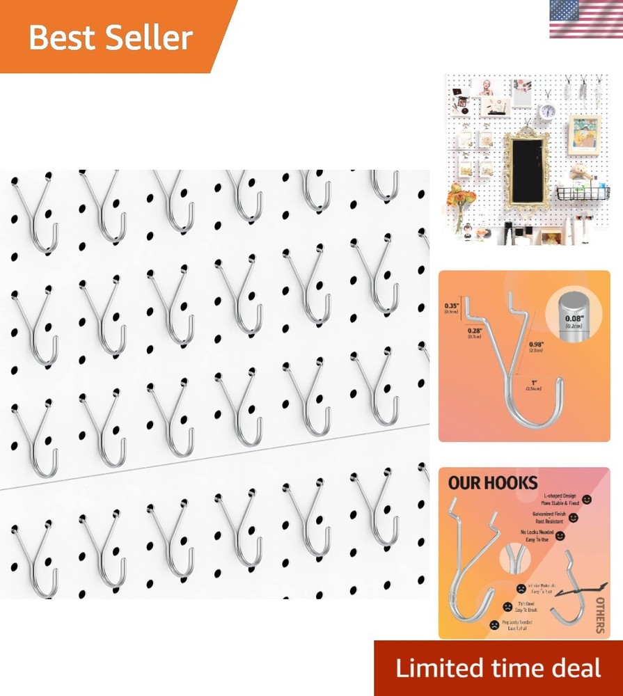 40 Count J-Hook Set - Durable Silver Pegboard Hooks for Effortless Organization