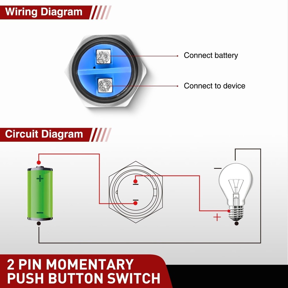 Nilight 19mm Momentary Push Button Switch 12V Waterproof Black 2 PIN 2PCS