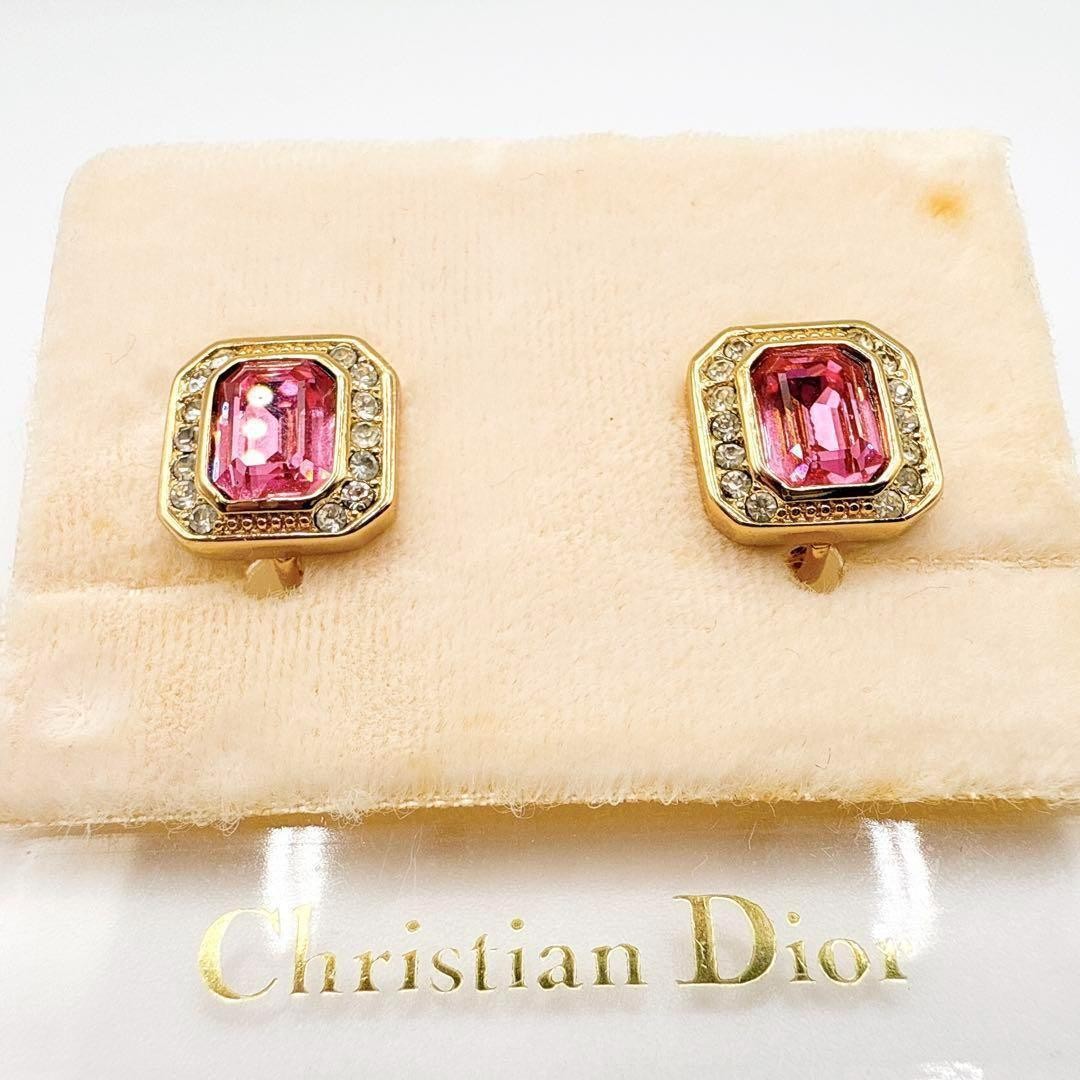 Christian Dior Earrings Pink Stone Crystal Rhinestone Gold Metal Accessories