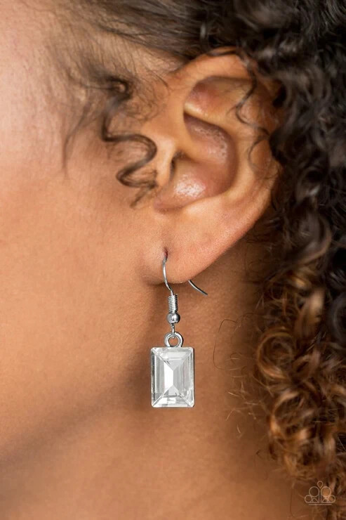 Paparazzi Earrings- Dining with Divas- White Emerald Cut Rhinestone