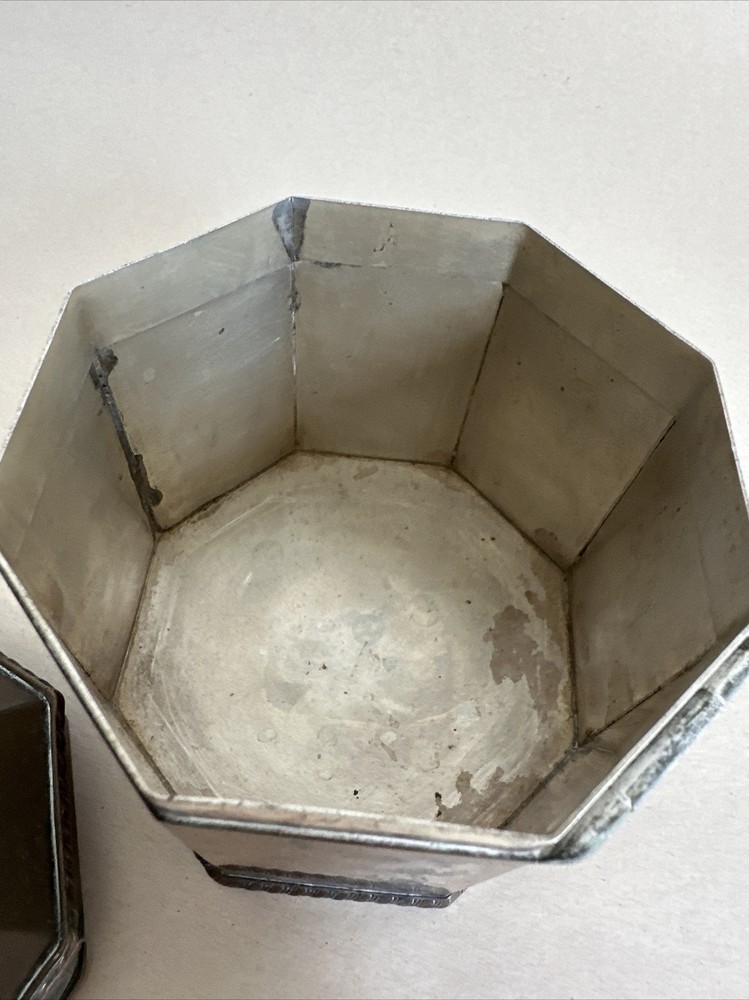 Silver Plated Octagon Lidded Canister with Unique Crest