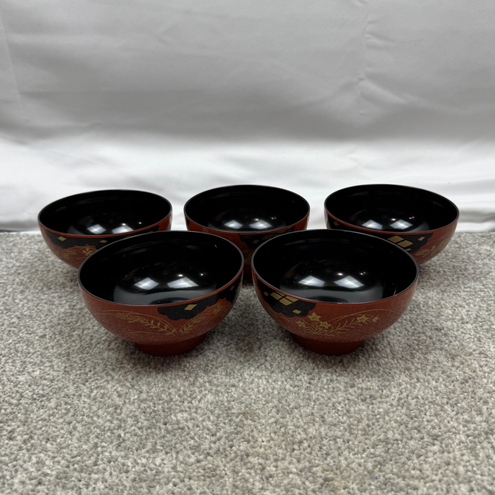 5 Showa Period Wajima-Nuri Owan Serving Bowls 3 Lids & Lacquered Wood Tray Japan