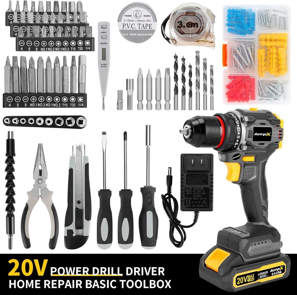 Brushless Compact Drill Tool Set, 60N.m 20V Cordless Drill Tool Box with 2 Ba...
