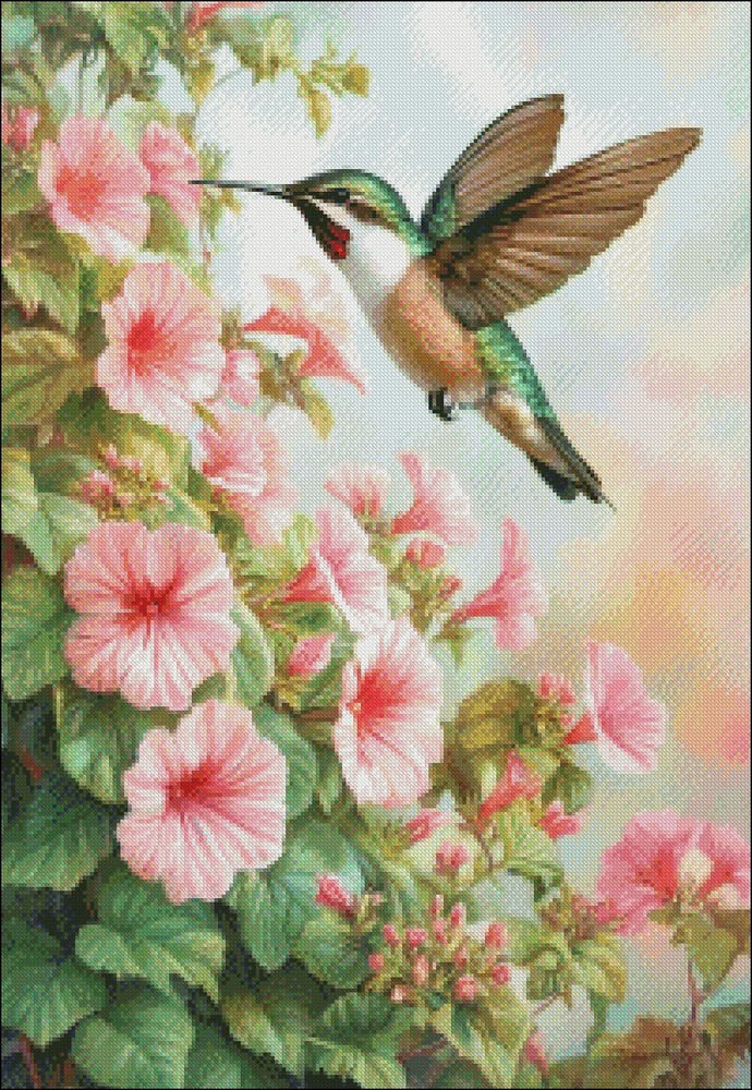 Hummingbird and Pink Granium 2 Chart Counted Cross Stitch Patterns Needlework