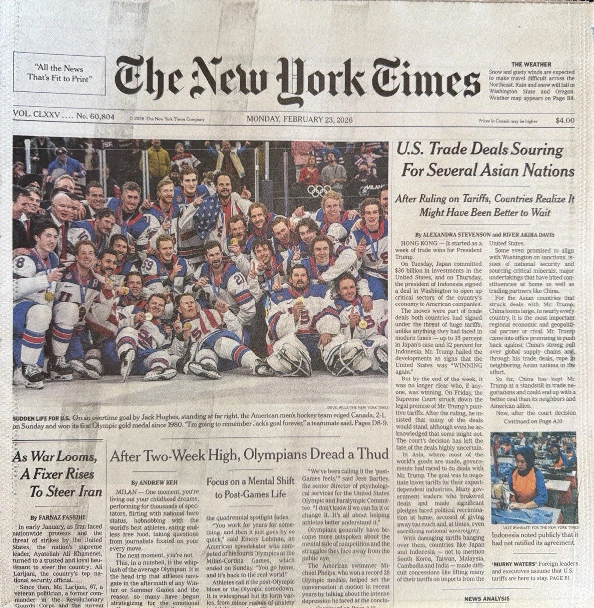 HISTORIC! Feb 23 2026 ~ NEW YORK TIMES ~ USA MEN'S HOCKEY WINS GOLD!