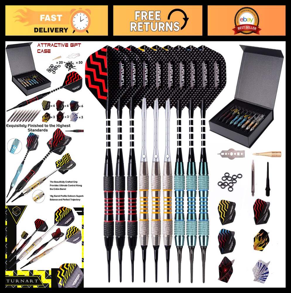 Professional Soft Tip Darts Set - 9 Pcs 18g for Electronic Dartboard + 50 Tips &