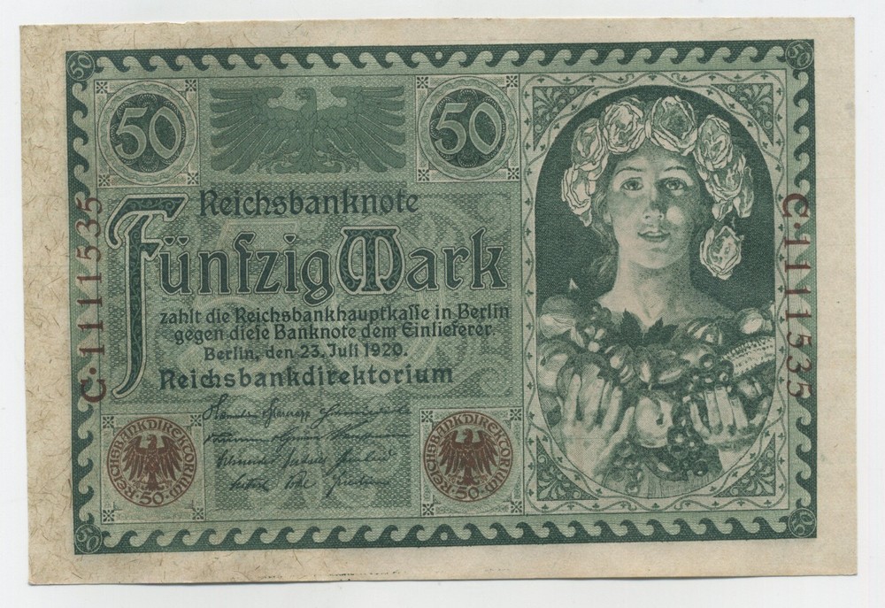 Germany 50 Mark 1920 Pick 68.b aUNC Uncirculated Banknote