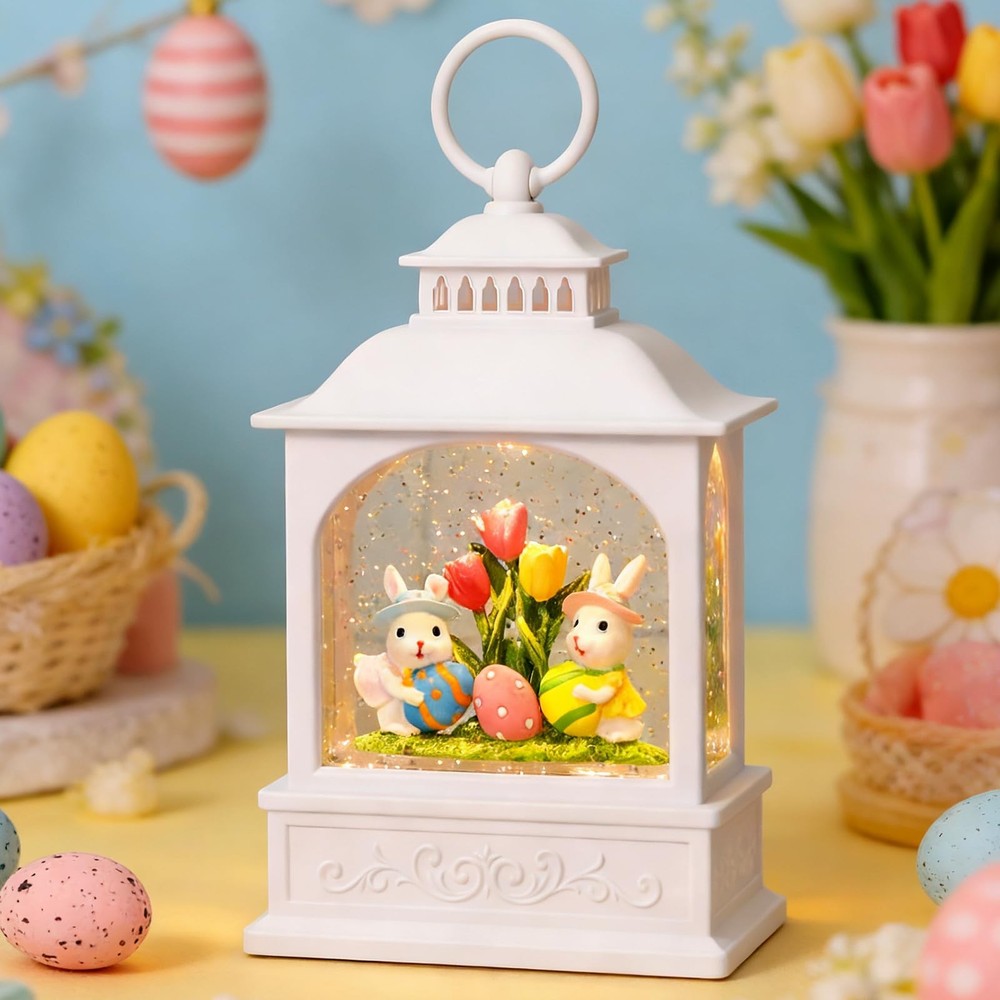 Easter Bunny Snow Globe, Easter Eggs Spring Snow Globe 6H Timer Glitter Lante...