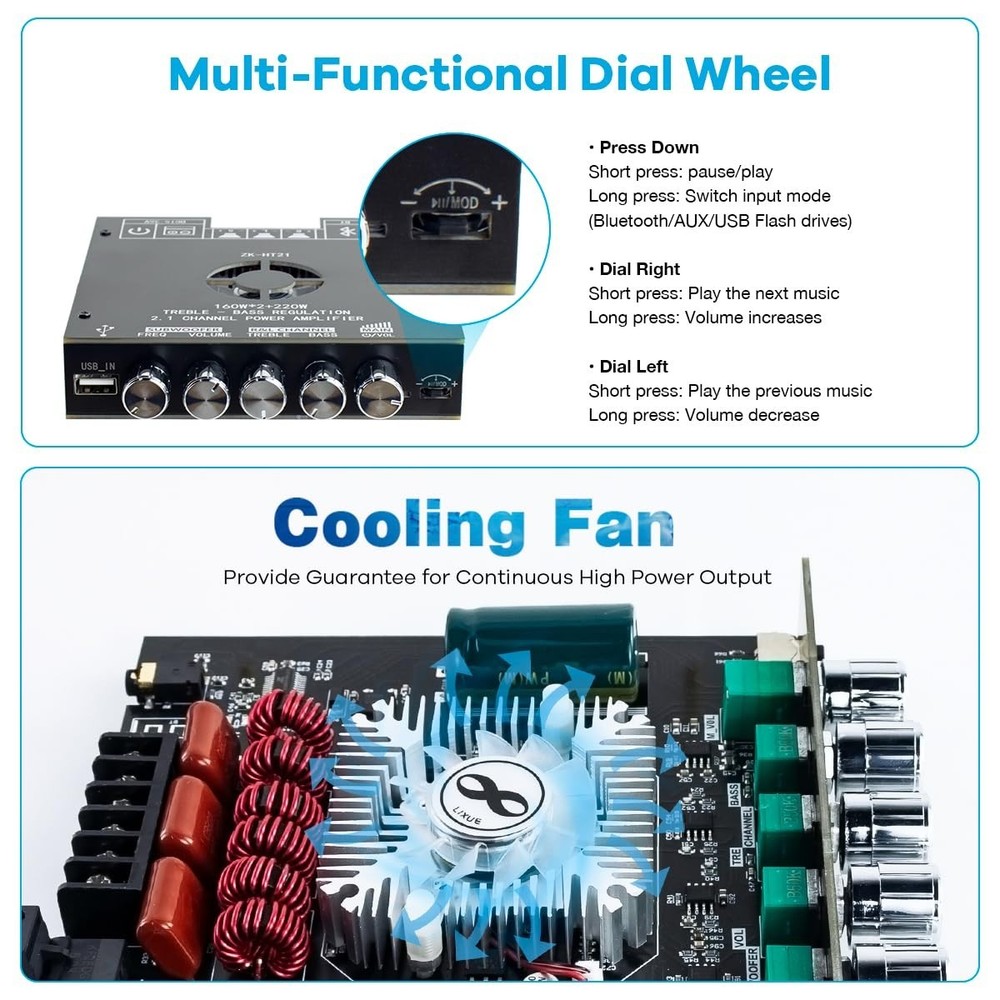 DIY Bluetooth Amplifier Board - 2.1 Channel Power Module, Treble & Bass Control