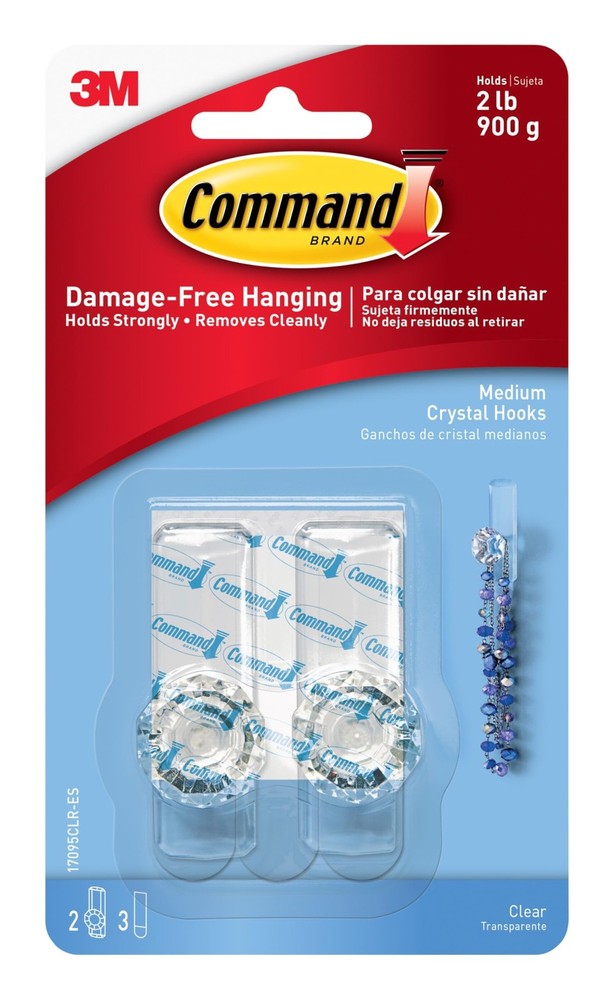 Command Medium Crystal Hook, Holds up to 2 lb, 2 Wall Medium, Transparent