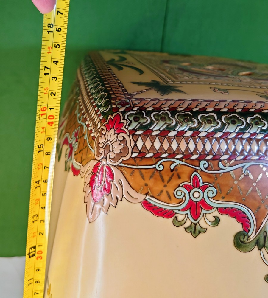 Vtg Ceramic Elephant, Palm Trees, Drum Stool, Impressed/Embossed Pattern. 17"H.