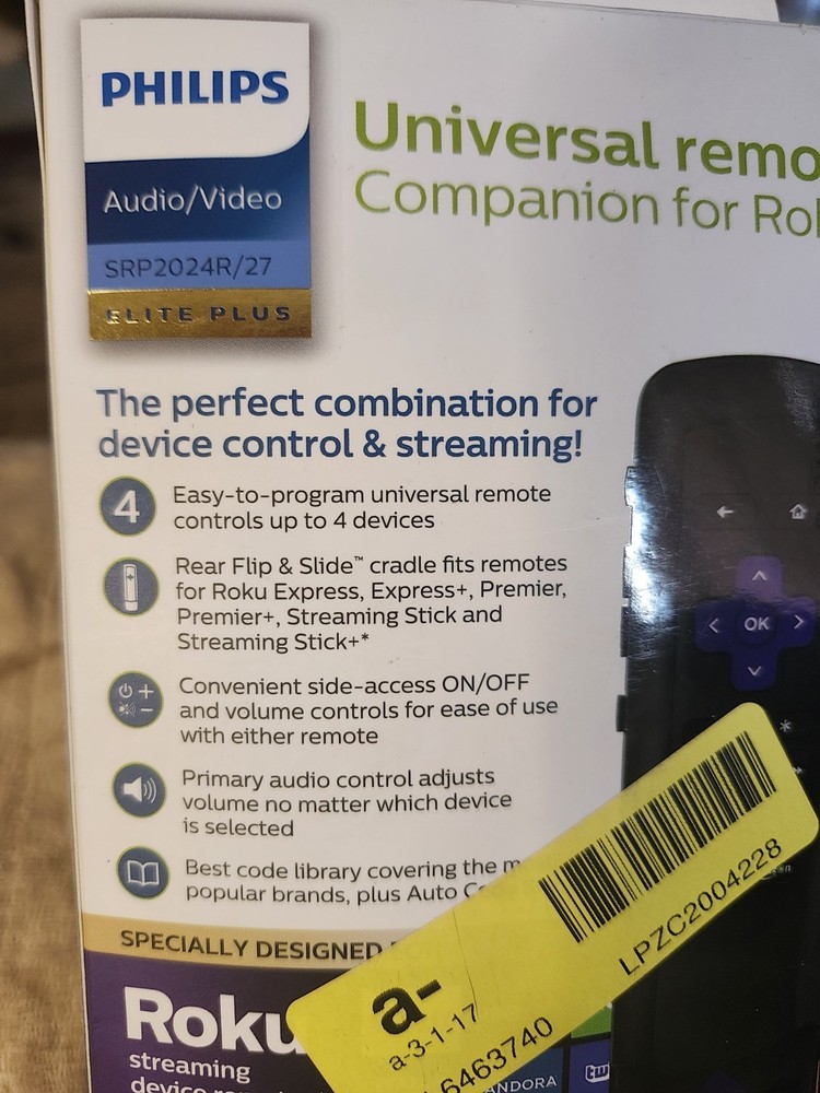 Philips Elite Plus SRP2024R/27 Four Device Universal Remote Control For Roku