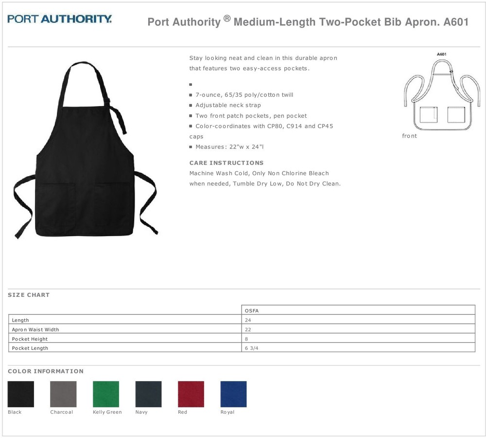 Port Authority Medium Length Apron Adjustable Neck Strap 2 Patch Pockets A601