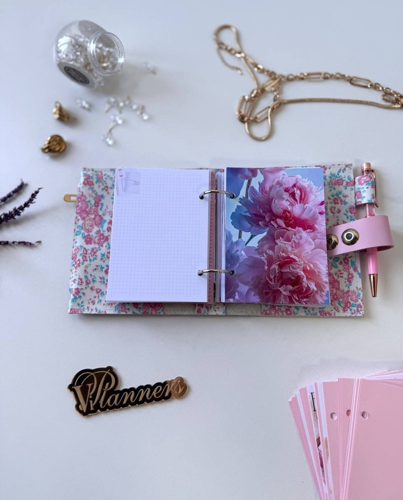 Pink leather notebook cover A7, 2 rings mini wallet planner 2026.
