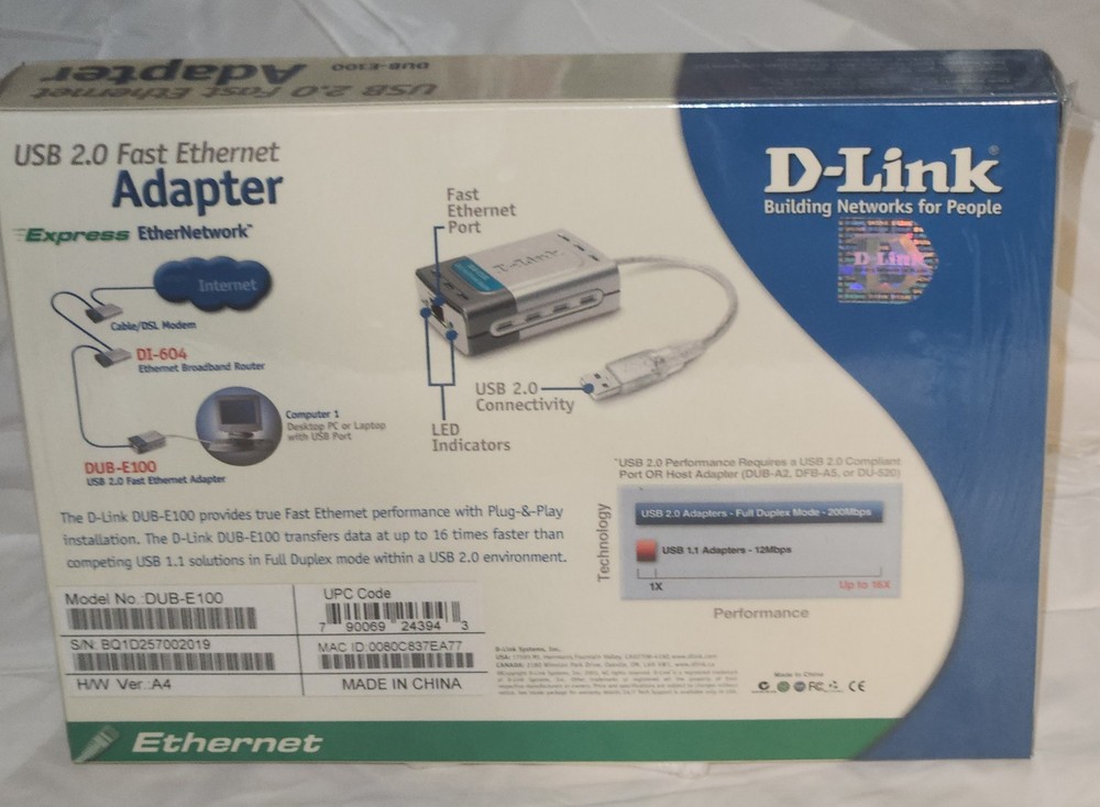 D-LINK DUB-E100 USB 2.0 FAST ETHERNET ADAPTER Shrink Wrapped NIB Sealed