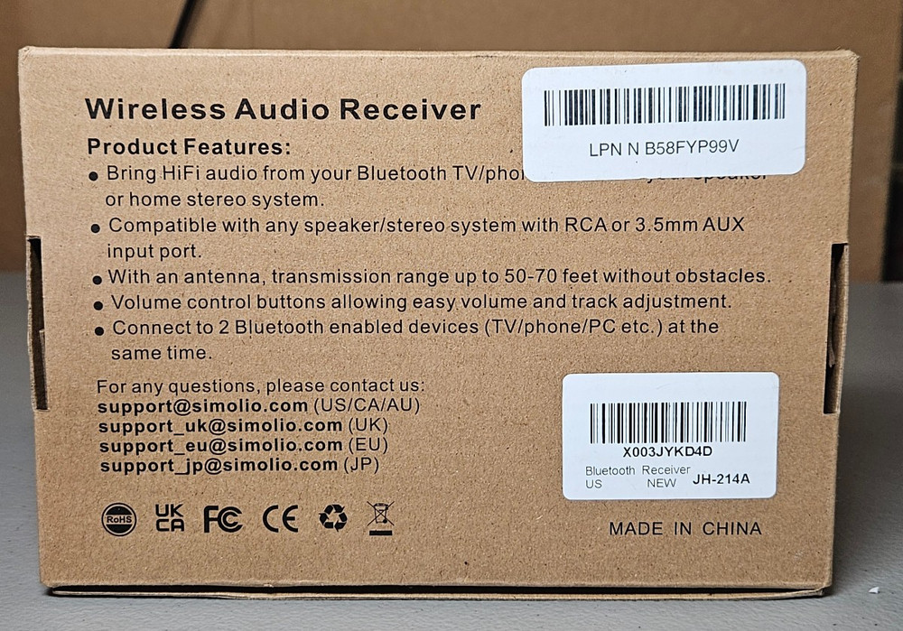 Simolio Wireliess Audio Receiver- Model JH-14A- New in Open Box!