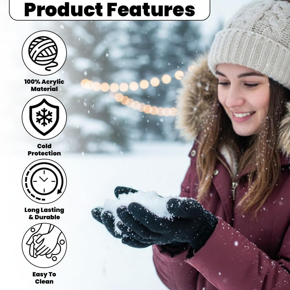 24 Pairs of Beanies, Bulk Thermal Winter Glove Solid Black (Assorted Gloves)