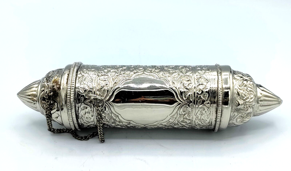 Prayer Scroll Secret Message Holder Silverplate Repousse Metalwork