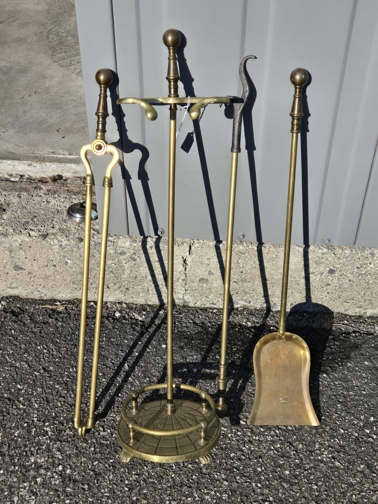 Vintage Solid Brass Fireplace 3 Tools with Stand Set 4x PIECE Round Claw Footed