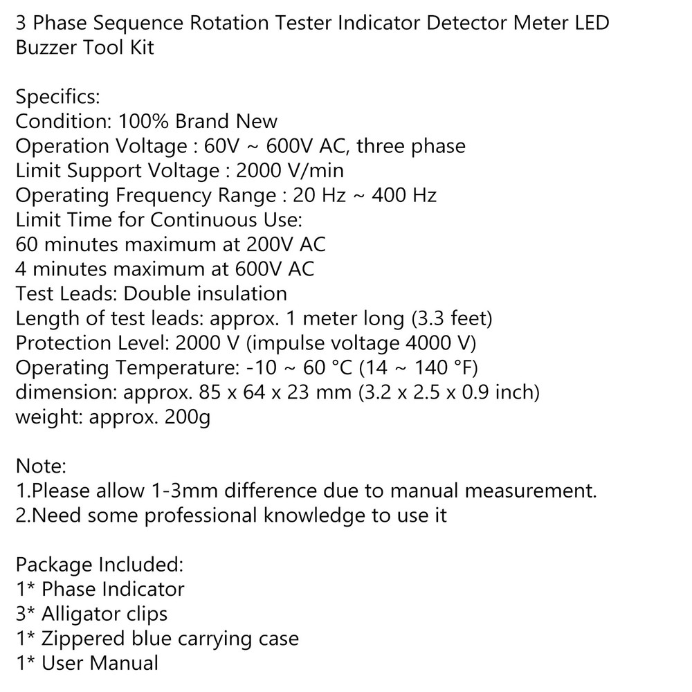 3 Phase Seq#1nce Rotation Tester Indicator Detector Meter LED Buzzer Tool Kit