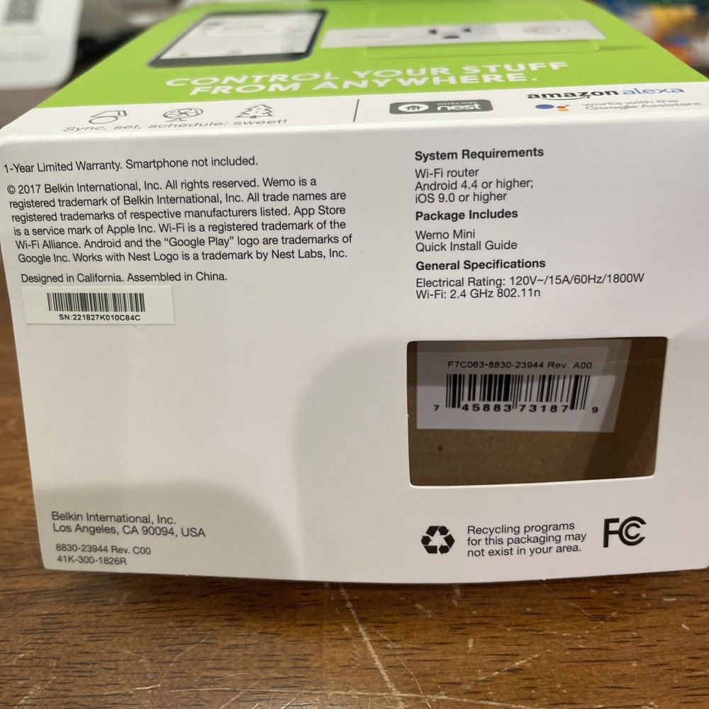 WeMo Mini Wi-Fi Smart Plug - White New open box