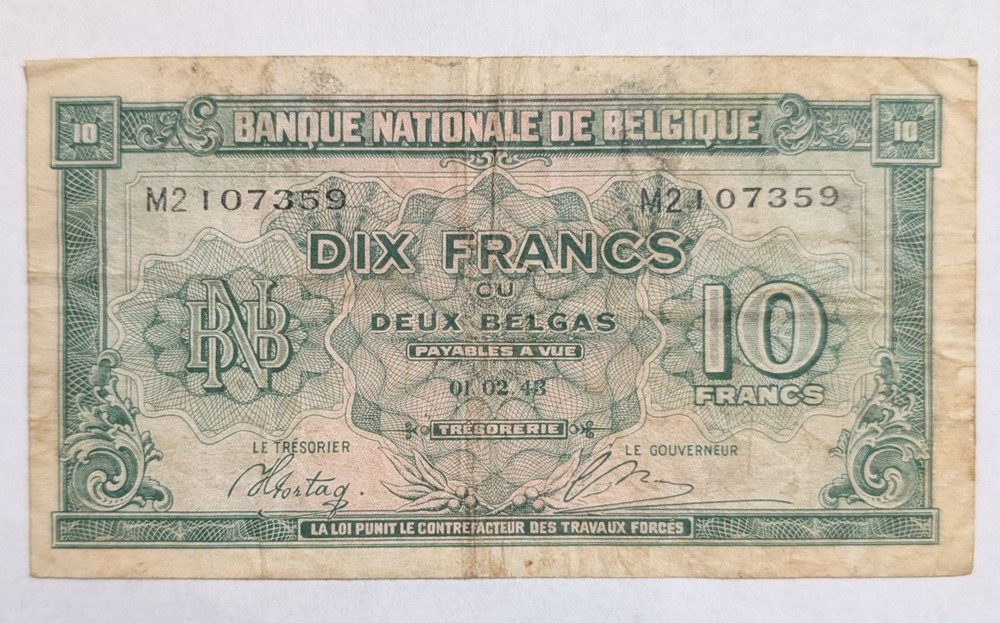 1943 BELGIUM 10 FRANCS BANK NOTE