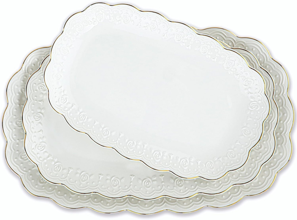 Ceramic Serving Platter Set | 14”/12”/10” Oval Serving Trays for Entertaining at