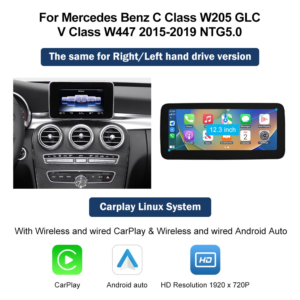 12.3''Stereo Multimedia Touch Screen For Benz C W205 GLC X253 V W447 NTG 5.0