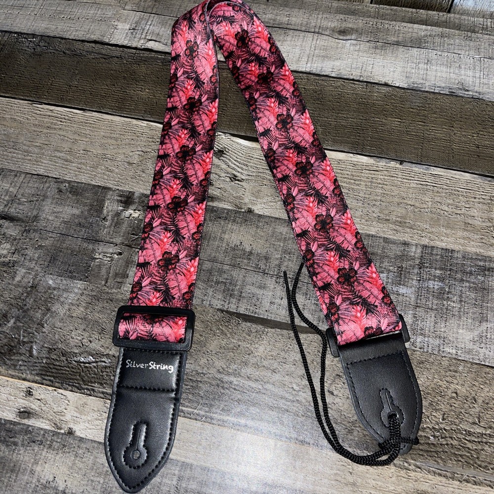 Silver String 2” Pink Tropical Flower Guitar Strap Fits All Sizes Adjustable