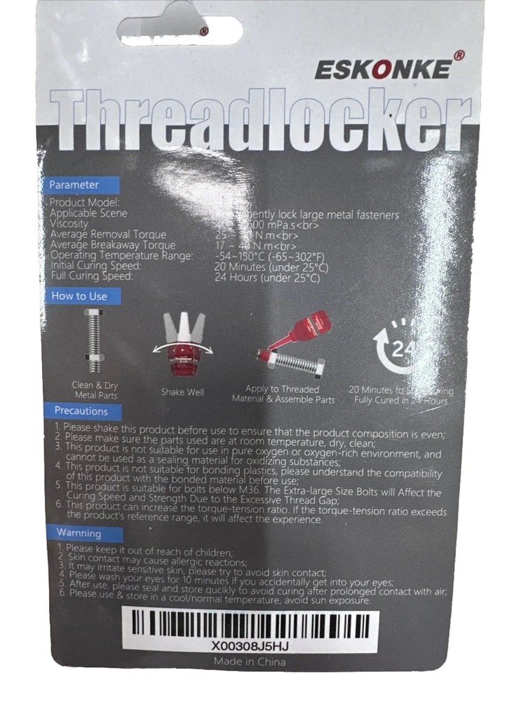 (2 Pack) ESKONKE THREADLOCKER H-271 Red Permanent 12mL x 2 Loctite 271