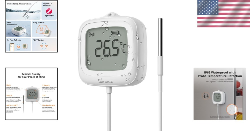 Zigbee Waterproof Temperature Sensor with LCD Display & 1.5M Probe - Smart Home