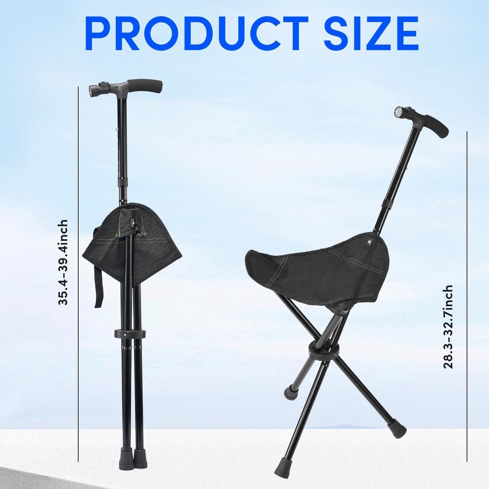 Cane with Seat Foldable Lightweight Walking Cane with LED Light Adjustable Wa...