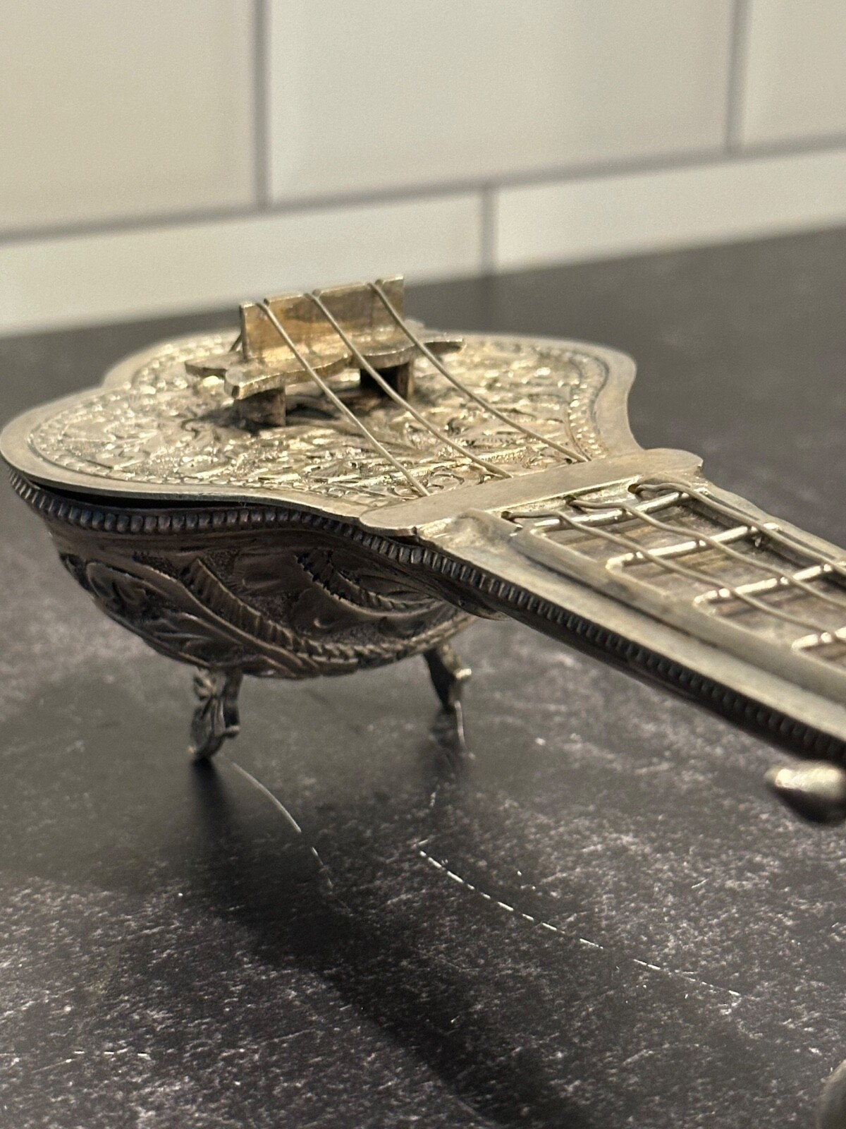 Antique Silver 700 Indian Spice Box /Container Shaped as a Sitar/Stamped