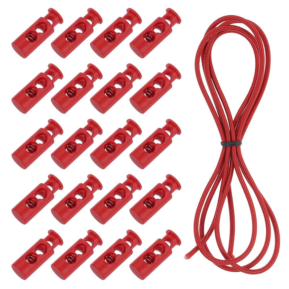 25Pcs Double Hole Cord Locks with Elastic Cord Bright Red