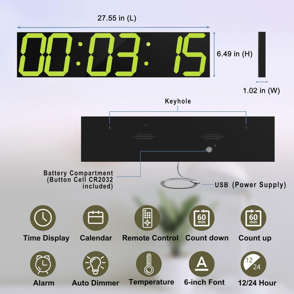 Digital Wall Clock, Oversize Digital Clock with Auto Dimmer, Huge Countdown T...