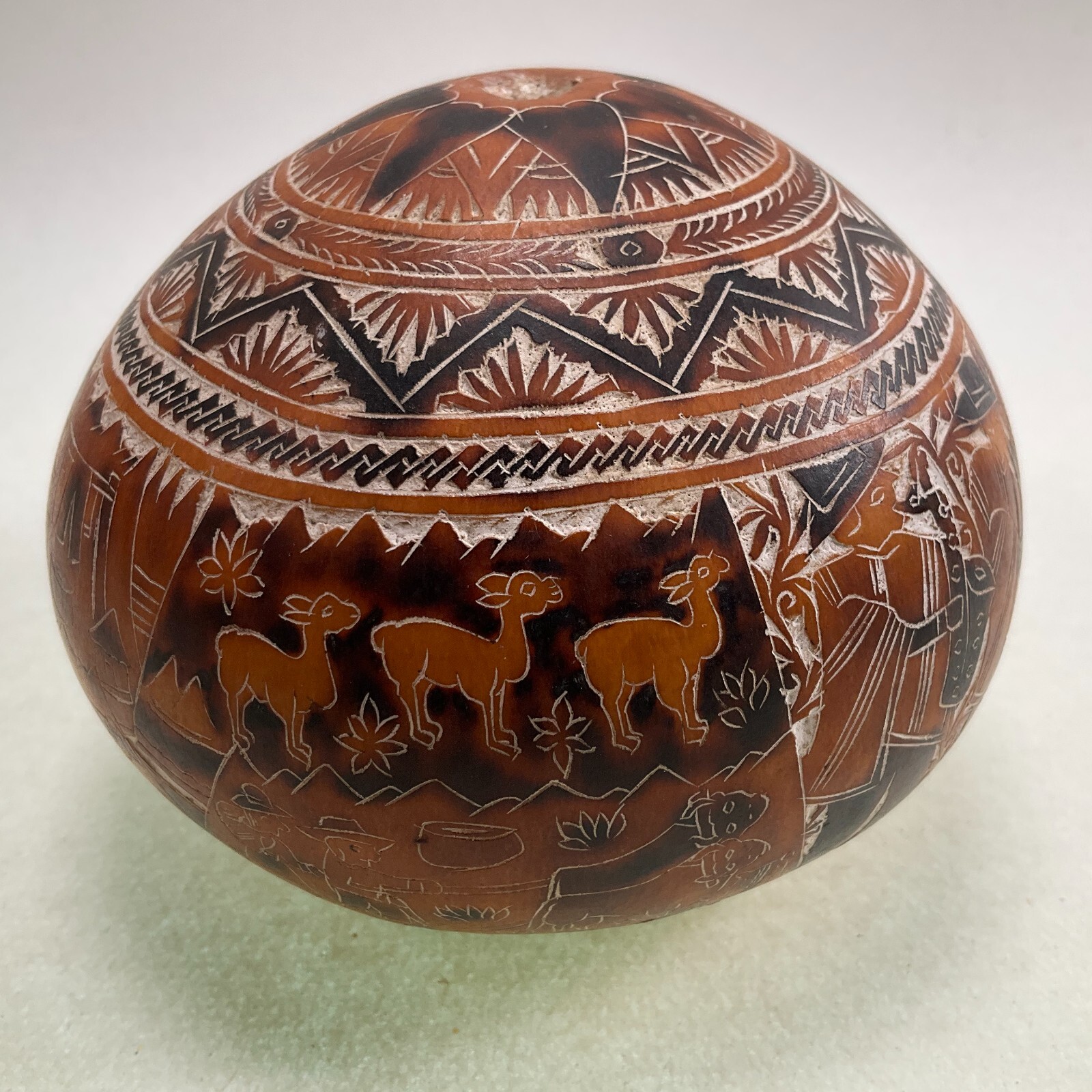 Peruvian Intricate Hand Carved Story Gourd - Musicians - Folk Art