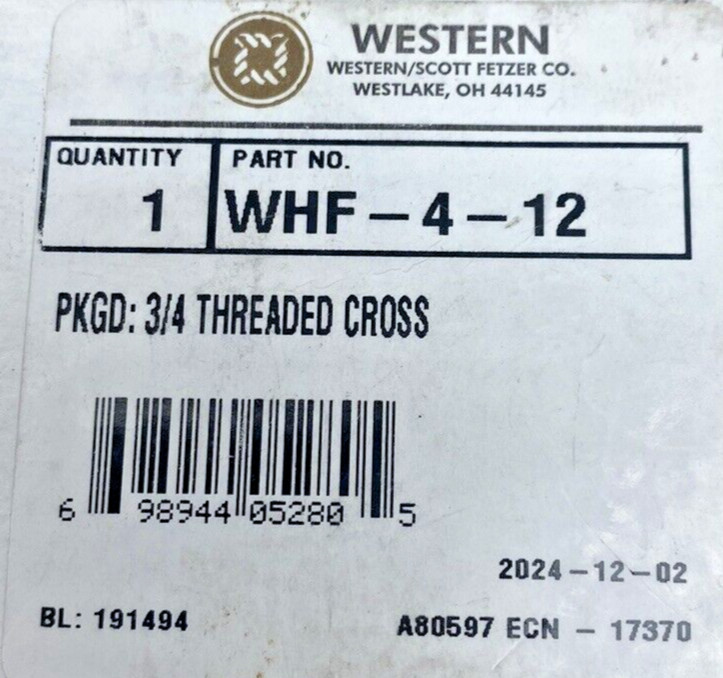 WHF-4-12 Western, 3/4 Threaded Cross NOS