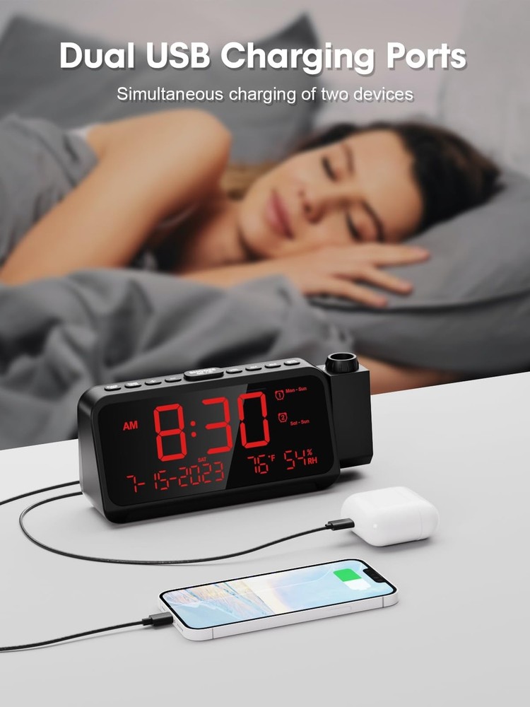 ROCAM Projection Clock for Bedroom, Digital Clock with 180° Projector on Ce